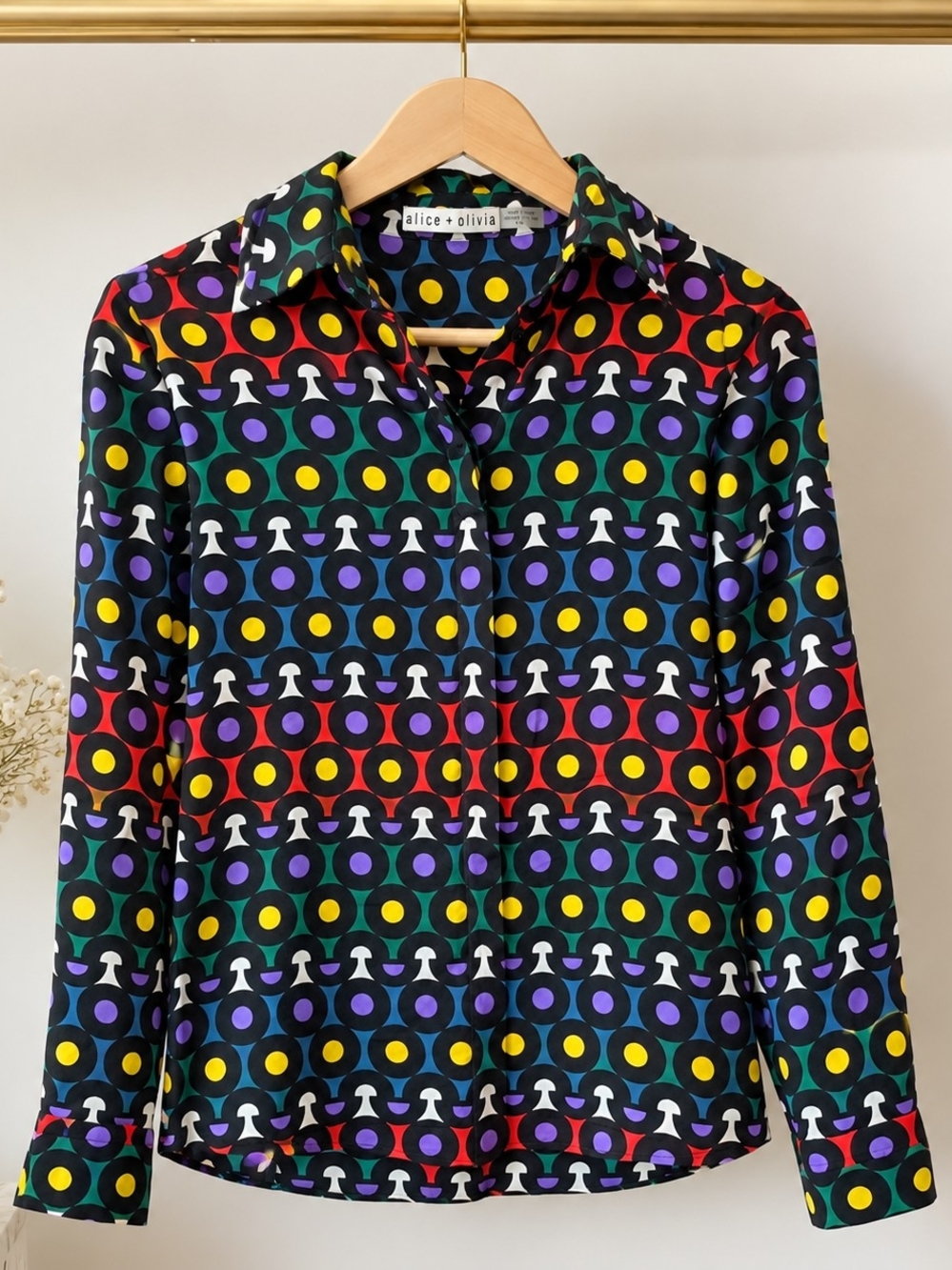 Alice + Olivia Black Geometric Multi-Color Button-Up Blouse